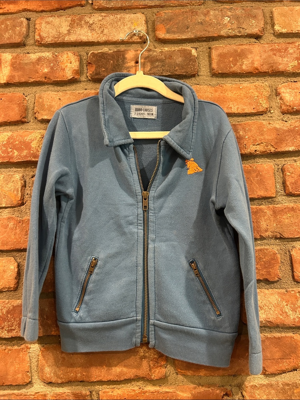 Bobo Choses Dusty Blue Kids Zip Jacket with Orange Patch
